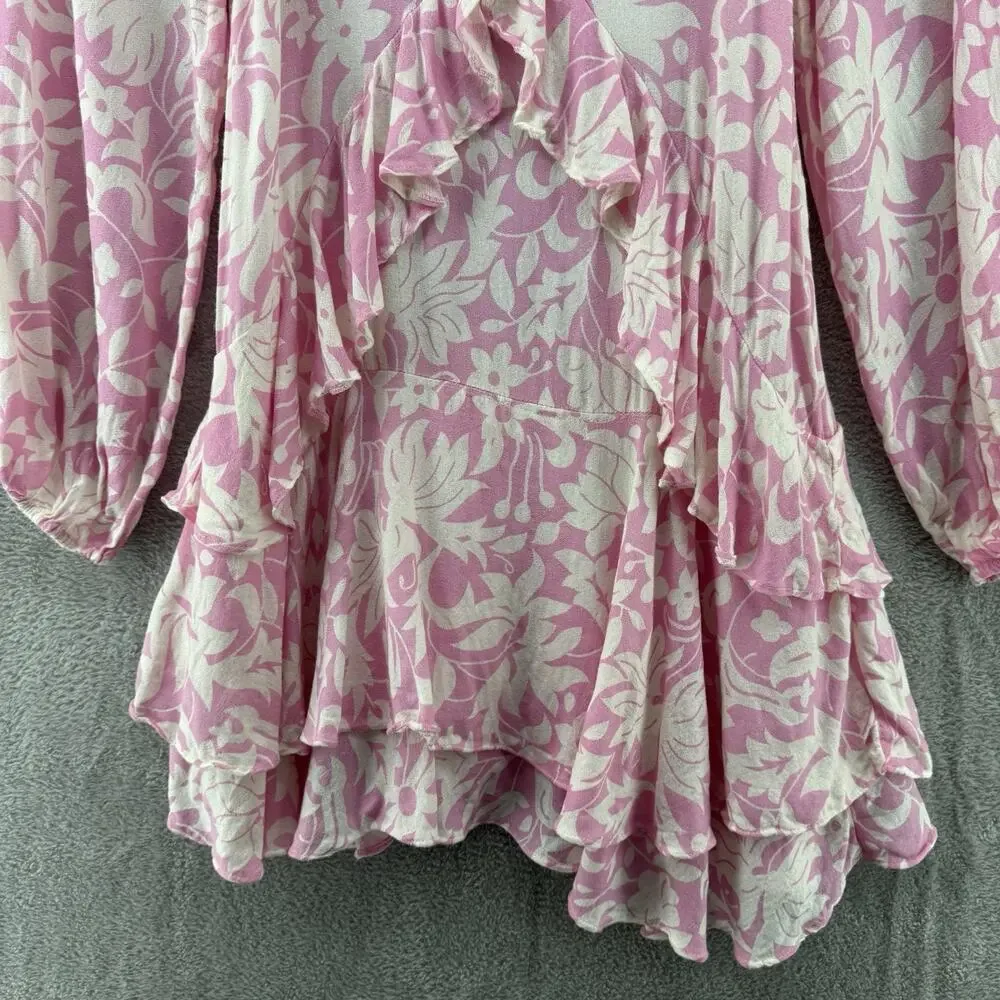 Free People Dress Womens XS Pink Rebecca Floral Ruffle Ballon Long Sleeve V-Neck
